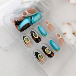 24Pcs Almond Press on Nails Medium French Tip Fake Nails Blue Gradient Acrylic Nails 3D Rhinestones Star Gem Designs Retro Glue on Nails Full Cover Stick on Nails for Women Manicure Decoration