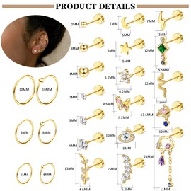 Kakonia 24 Pieces 20G Helix Piercing for Women Stud Earrings Hoop Earrings Small Stainless Steel Earring Gold Silver Stud Hoop Earrings Chain Tiny Chain Dangle Cartilage Huggie Earrings Piercing Ear