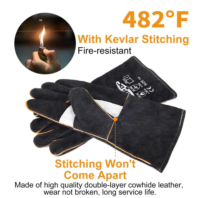 TOPDC Fireplace Gloves 14 Inches Welding Gloves Fire/Heat Resistant Leather