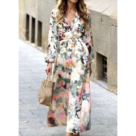 LOZ Women's Summer Dress Puff Sleeve V-Neck Multicolor Floral Maxi Dresses 2025 Long Sleeves Elegant Wedding Guest Dress