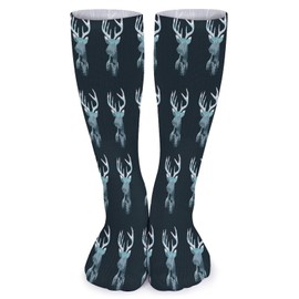1 Pair Knee High Stockings, Long Soft Compression Crew Foot Circulation Foot Socks for Sports 15.7x3.9 in Print Reindeer Deer Head on Landscape with Trees and Mountains on Dark