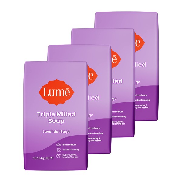 Lume Triple Milled Soap - Rich Moisture & Gentle Cleansing - Paraben Free, Phthalate Free, Skin Safe - 5 ounce (Pack of 4) (Lavender Sage)