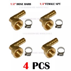 PAKA TOOLS 4PC 1/2" Hose Barb Elbow X 1/2" FEMALE NPT Brass Pipe Fitting NPT Thread clamp