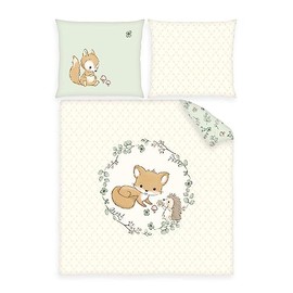 Herding Forest Friends Fox Crib Bedding Set, Pillowcase 35 x 40 cm with Envelope Closure, Duvet Cover 80 x 80 cm with Envelope Closure, Cotton/Renforcé, Beige/Green