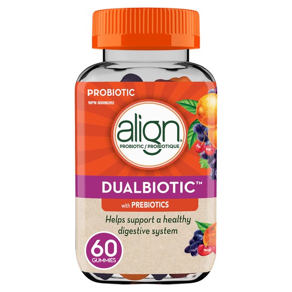 Align DUALBIOTIC PREbiotic + PRObiotic Gummies, Helps Support a Healthy Digestive System, 1 Doctor Recommended Probiotic Brand*, Made With Naturally Sourced Fruit Flavours, 60 Count