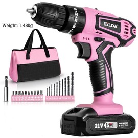 HILDA 21V/12V Pink Cordless Drill Home Tool Kit, Women's Pink Drill Bit Set, Women's Home Repair Tool Kit Hand Tool Set for DIY with Large Capacity Tool Storage Bag - Color: XTE018
