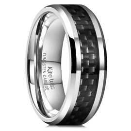King Will 8mm Silver Tungsten Carbide Rings for Men Men's Wedding Band with Black Carbon Fiber Inlaid Beveled Edge High Polished Finish Gentleman Comfit Fit, Size 10.5