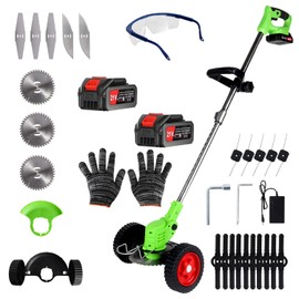 Electric Weed Wacker Cordless Eater 2 Battery, Foldable and Lightweight Grass Trimmer/Brush Cutter,5 Types Blade&Wheels 21V 4.0Ah Battery (2 Pieces) Powered for Garden and Yard (Non-Foldable)