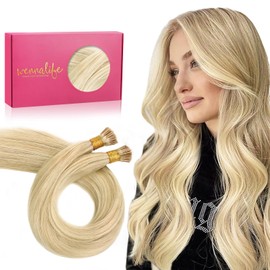 WENNALIFE I Tip Real Hair Extensions, 50 g, 50 Strands, 45 cm, Light Blonde Highlights Golden Blonde Hair Extensions, Bonding Real Hair Extensions, Professional Hair Extensions, Invisible Real Human