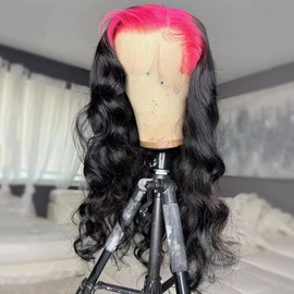 YMS Pink Roots 13x6 HD Lace Front Wigs Human Hair Ombre Glueless Wigs Pre Plucked With Baby Hair 180% Density Body Wave Wig for Women 28 Inch Pink and Black Wig