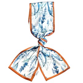 GIMIRO Satin Silk Scarf Double Layers 150 x 16 cm Tie Flowers Waist Belt for Blazer, Coat, Dress, 4# Orange/Blue Flower