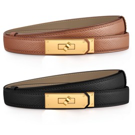 Chritice Pack of 2 Slim Belts, Women's Leather Belt, Solid Colour, Classic Alloy Twist Lock Waist Belt, Women's Belt for Jeans, Dress, Gifts for Women, Width 1.8 cm, Length 53-92 cm, Gold/Caramel