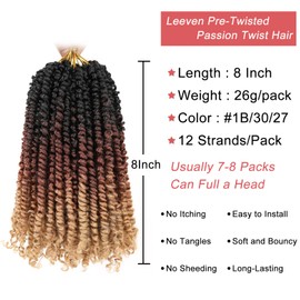 Leeven 8 Inch Pre-Twisted Passion Twist Hair 8 Packs 3 Tone Ombre Brown Pre Looped Bomb Crochet Twist Hair for Black Women Bohemian Braids Synthetic Hair Extensions #1B/30/27