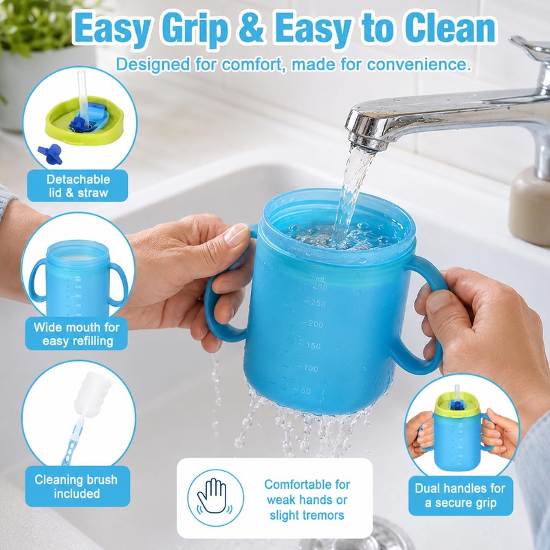 2PCS Elderly Spill Proof Cups, 280ML Unspillable Cup with 2