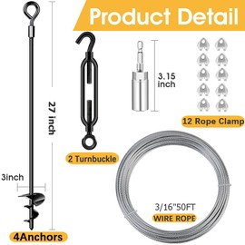 27in 4 Pack Shed Anchor Kit Ground Anchors with 3/16" Galvanized Cable, Trampoline Stakes Anchors High Wind – Ideal for Canopies, Sheds, Car Ports, Swing Sets Gazebo Greenhouse (27 in of 4 Pcs)