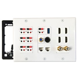 diyTech Premium Wall Plate, 7 Speakers, 4 HDMI, 2 RCA Subwoofer, 2 Cat6 Ethernet, 1 USB 3.0, 1 Audio Toslink, 1 Gold Coax, 3 Gang, Home Speaker Wall Plate