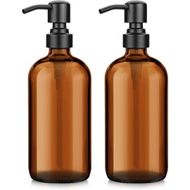 AmazerBath Amber Glass Soap Dispenser, 2 Pack Soap Dispenser Set with Stainless Steel Pump, Vintage Liquid Brown Soap Dispensers Bottle, 17 Oz Dish Soap and Hand Soap Dispensers for Bathroom Kitchen