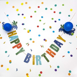 On The Wall Party Banner - Dinosaur Happy Birthday Multicoloured Garland with Balloons - 2 metre