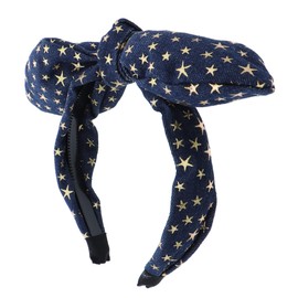 School and Everyday Puffy Bow Headband With Gold Stars-Denim