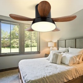 HITOO Voice Control Ceiling Fans with Lights, 28 Inch Flush Mount Low Profile Ceiling Fan with Lights and Remote, Quiet Noiseless Reversible Motor, Dimmable, Brown Modern Ceiling Fan for Bedroom