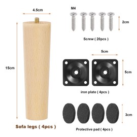 Moendergo 4 Pieces 15cm Wooden Furniture Legs, Replacement Solid Beech Wood Legs Sofa Leg Couch Leg Table Dresser Legs with Screws, Mounting Plate and Anti-Slip Protection (Original Wood)