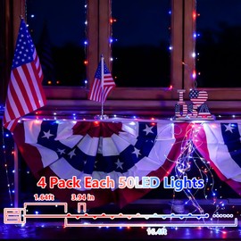 YEGUO 4 Pack Red White and Blue Fairy Lights Battery Operated - 16ft 50 LED 4th of July Twinkle Lights for Independence Day Patio Yard Tree Decorations