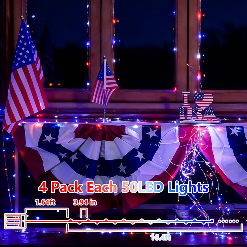 YEGUO 4 Pack Red White and Blue Fairy Lights Battery