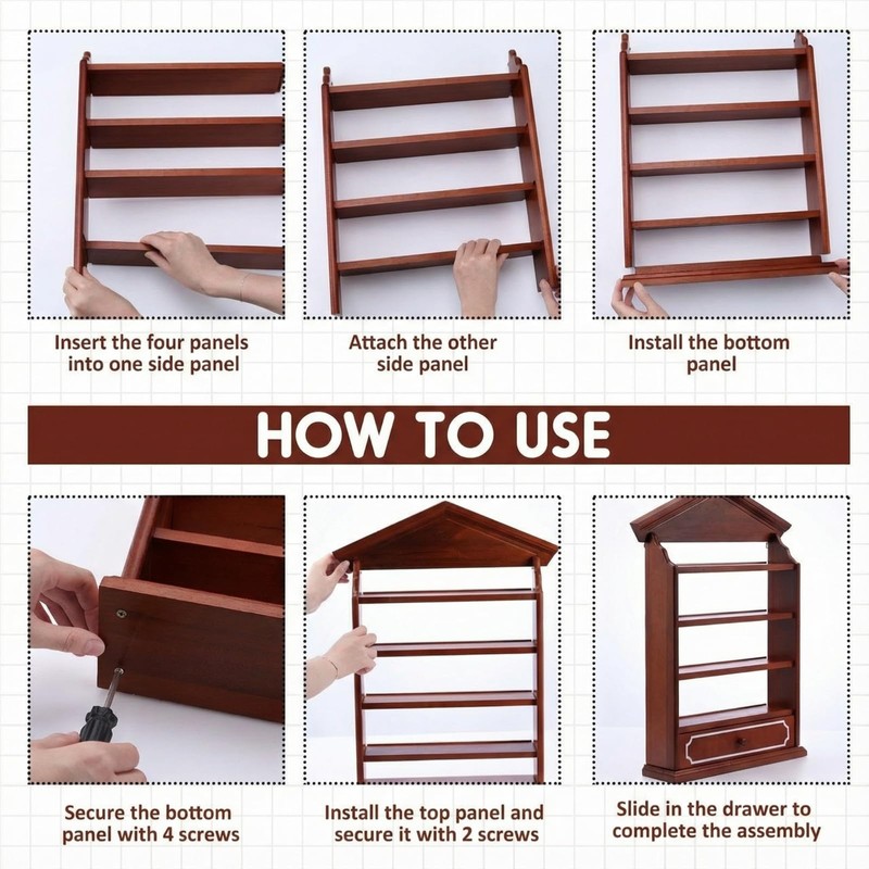 Vintage Wooden Spice Rack Village Style Display Shelf for 24