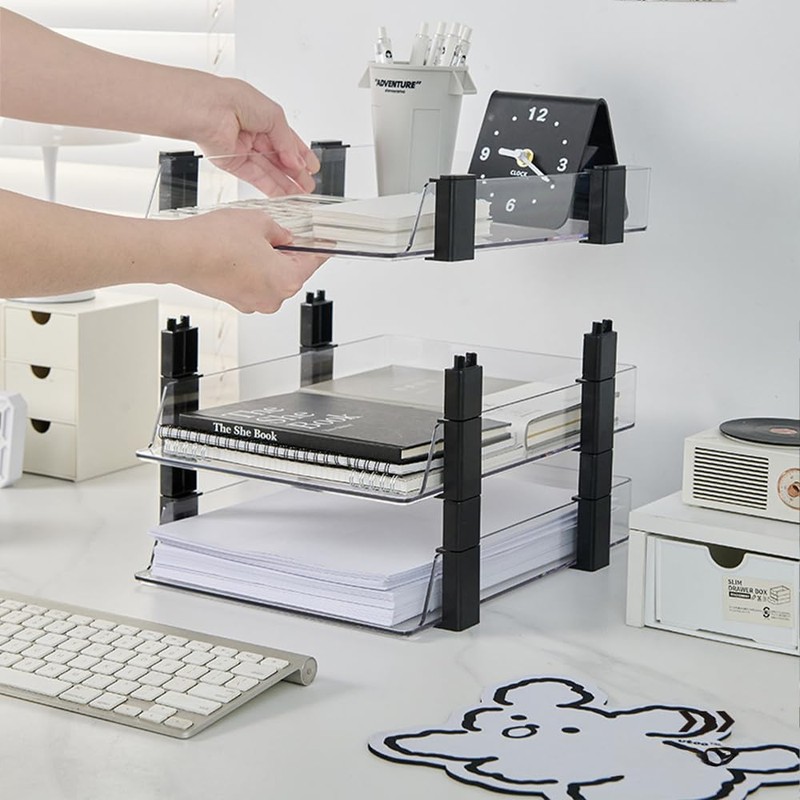 RHONZHAO Clear Stackable Paper Tray, 2-Tier Desk Organizer for Office