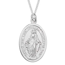 Aeon Real Sterling Silver Miraculous Medal Pendant Necklace for Women and Men. Adjustable Chain from 16 inches to 18 inches. Christian Holy Mary Medal