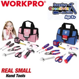WORKPRO Kid Real Hand Tool Set Junior Tool Kit Storage Bag Children DIY Building - Blue&Pink