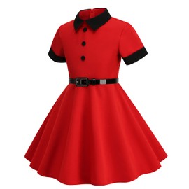Girls Peter Pan Collar Dress Short Sleeve 50s Style Dress for Kids 1950s Dresses for Girls Rockabilly Dresses Little Girls Vintage Dresses Audrey 50's Retro Dress Short Party Swing Dress Red 5-6 Years
