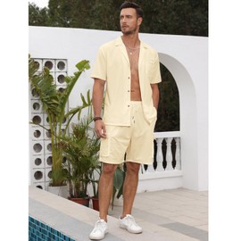 Fastkoala Mens Short Sets Tracksuits Suits Sweatsuits Full Open Button Lapel Shirt & Overalls Shorts Activewear 2 Pcs Khaki L