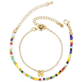 Mikovivi Colorful Beaded Bubble Alphabet Bracelet, Gold Plated Letter Bracelet Initial Bracelets for Women Teen Gift Jewelry (Letter N)