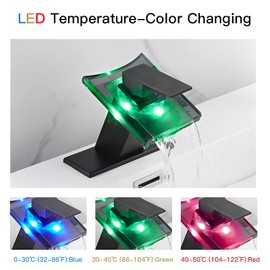 Bathroom Faucet Black Led Light 3 Color Changing Waterfall Glass Spout RGB Battery Power Lavatory Vanity Sink Faucet Single Handle One Hole Deck Mount Modern Designer Bath Basin Tap