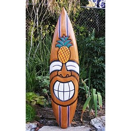Happy Tiki Palm Tree Tropical Wood Surfboard Wall Plaque Mask Tiki Bar 39"