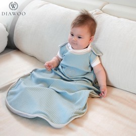diawoo 4-Season Sleep Sack, 100% Merino Wool & Organic Cotton, Adjustable Size for 2–36 Months, Sleeping Bag with Two-Way Zipper & Car Seat Slot (Cloud Blue, 2M-12M)