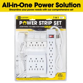 ELECTERY 7 Piece Power Value Pack Multi-Outlet Kit Set Includes 6 Outlet Power Strip, 6 Outlet Extender, 3 Outlet Extender, 5 Ft Indoor Extension Cord, 3 Pcs 3 to 2 Prong Adopters, White