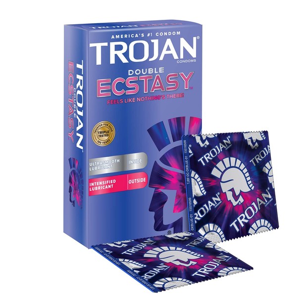 Trojan Double Ecstasy Dual Lubbed and Ultra Ribbed Condoms with Premium Quality Latex - Pack of 10