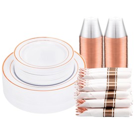DaYammi 210PCS Rose Gold Plastic Dinnerware Set for 30 Guests, Fancy Disposable Plates for Party, Include: 30 Dinner Plates, 30 Dessert Plates, 30 Pre Rolled Napkins with Rose Gold Silverware, 30 Cups