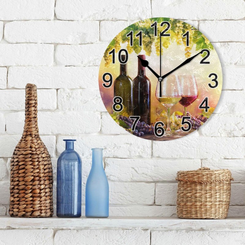 Bottles Wine Glasses Grapes Sunset Wall Clock Non Ticking Silent