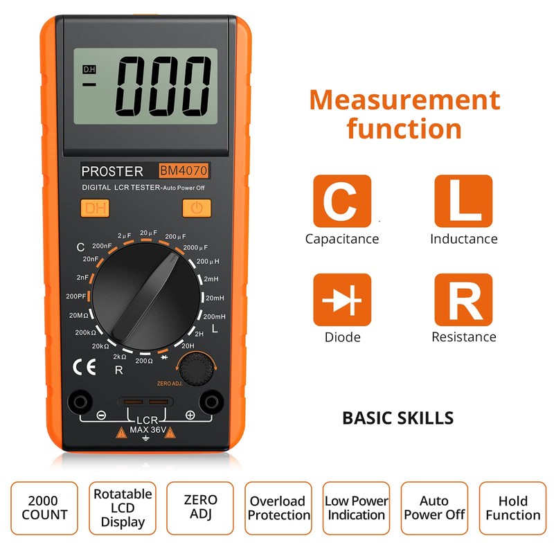 Proster LCR Meter, Capacitive Tester, Inductance, Resistance Measurement, Large LCD