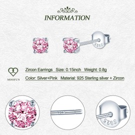 MOOFUN 4 mm Cubic Zirconia Stud Earrings Women's Earrings 925 Silver Earring Rose Gold/Silver/Gold/Black First Stud Earrings for Mum Girlfriend Girls Sister Women Gift Birthday Gift, Sterling Silver