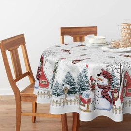 Horaldaily Christmas Tablecloth 70×70 Inch Round, Winter Snowman House Christmas Trees Whirte Washable Table Cover for Party Picnic Dinner Decor