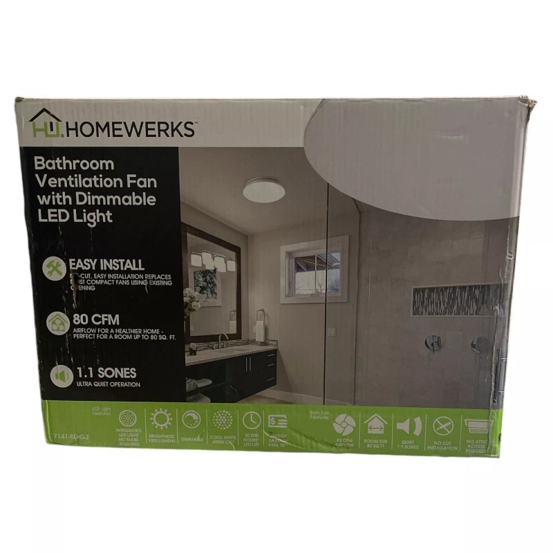 Homewerks Ceiling and Wall Mounted Bathroom Ventilation Fan w/Dimmable LED