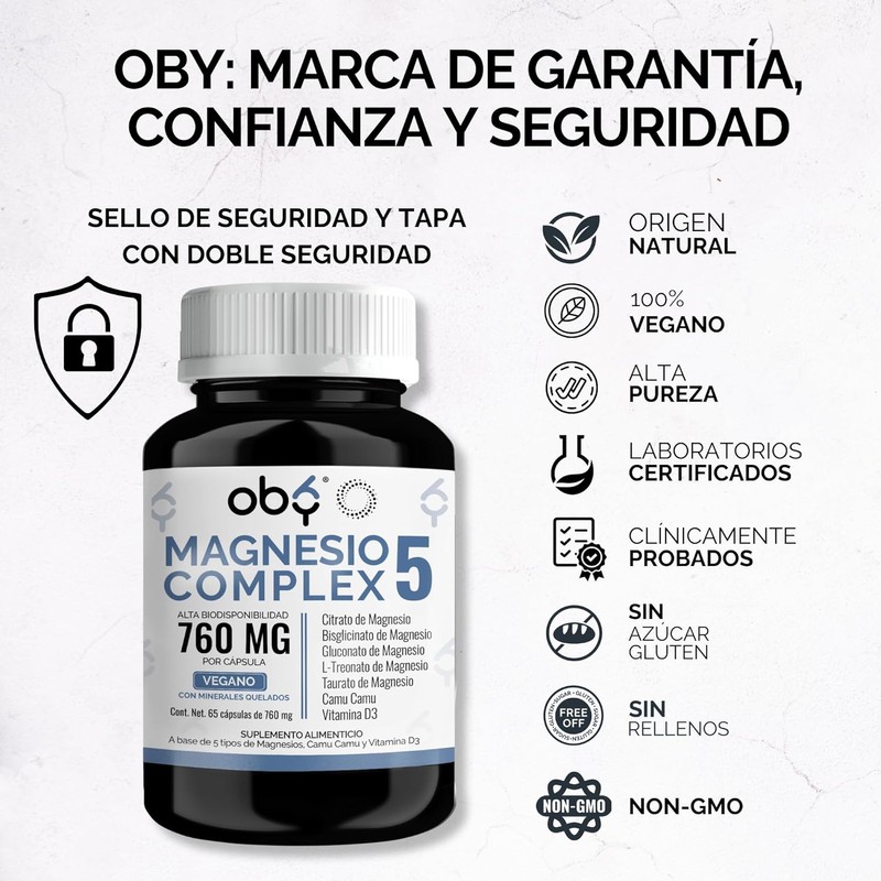 Oby Magnesio Complex | 5 MAGNESIOS: Citrato de Magnesio, BisGlicinato