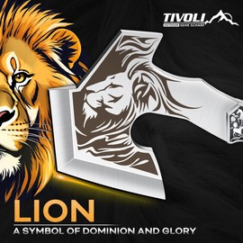 TIVOLI Camping Axe, Lion - Patterned Survival Hatchet with Nylon Sheath, High Carbon Steel Blade Compact Outdoor Bushcraft Axe with Ergonomic Wood Grip, Camping Gear for Hiking, Chopping, Hunting