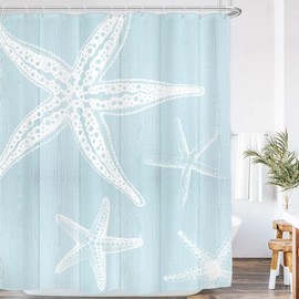 AMBZEK Beach Starfish Shower Curtain Farmhouse Nautical Barn 60Wx72L Inch Wooden Plank Ocean Vintage Pastel Rustic Country Cloth Fabric Polyester Bathroom Decor Set 12 Pack Hooks