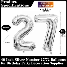 Silver 27 Number Balloons, 40 Inch Giant Number 27 Balloons Foil Mylar Helium Silver Number Balloons for 27th Birthday Party Supplies Anniversary Event Celebration Decorations