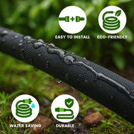 Yeahjiae Flat Soaker Hose 10FT – Heavy Duty Drip Irrigation Hose for Garden Beds, Lawns & Flower Beds, Linkable, Lightweight & Flexible, Save 85% Water (10FT)